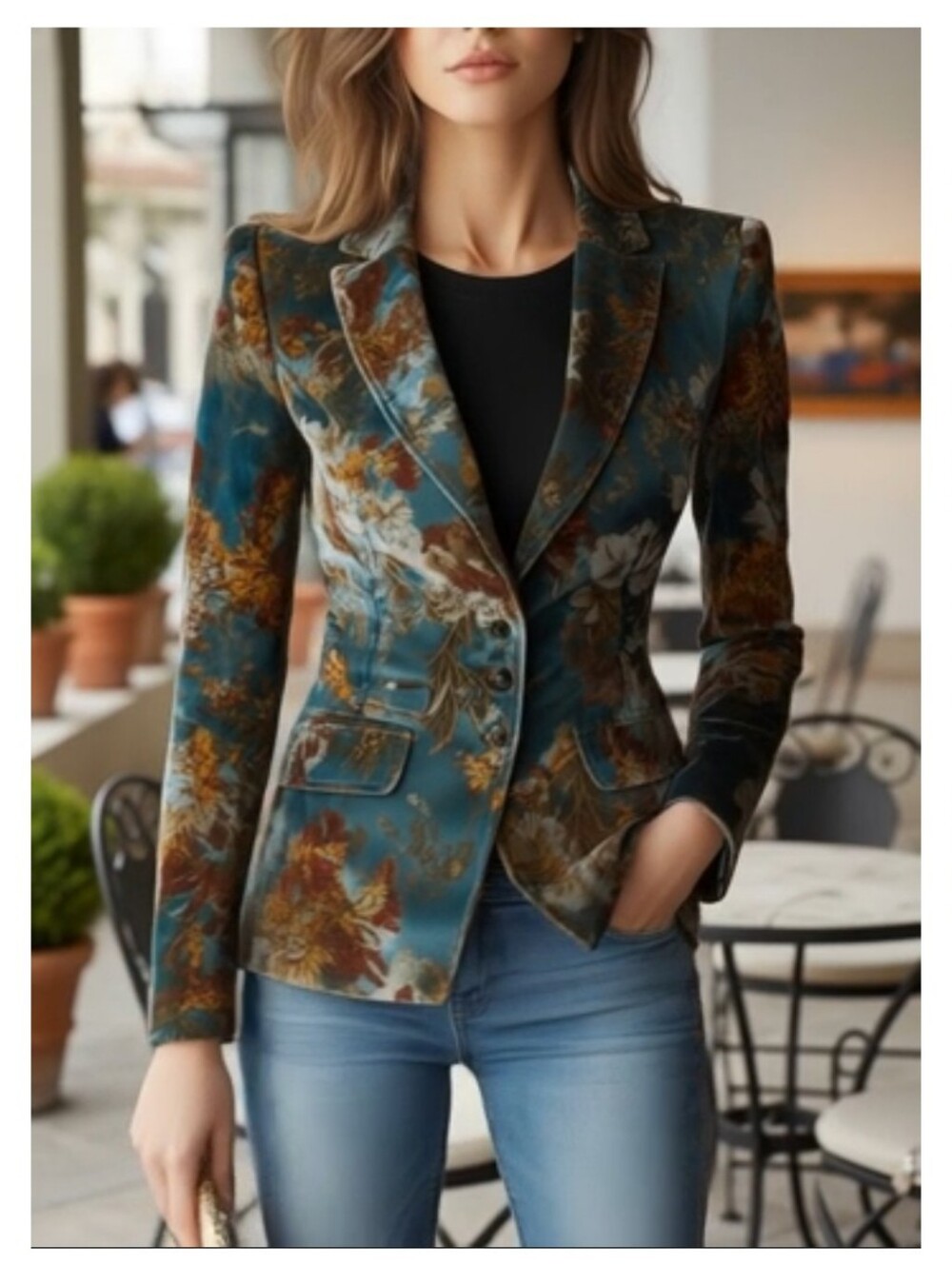 NWT FuTario Vintage Teal Floral Velvet Tailored Blazer Size Medium - Picture 11 of 11